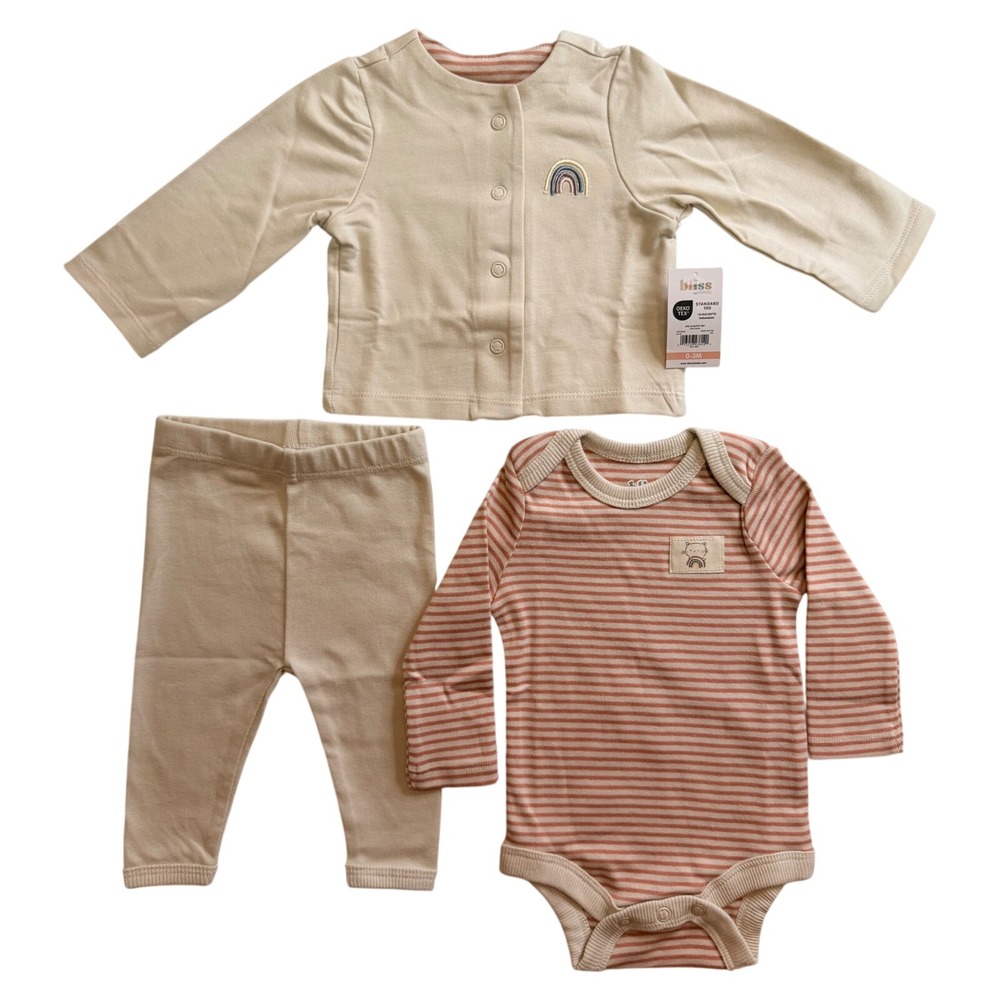 Bliss by Garanimals 3-Piece Outfit Set Rose Dawn Rainbow Stripes 3-6M NWT - Picture 1 of 6